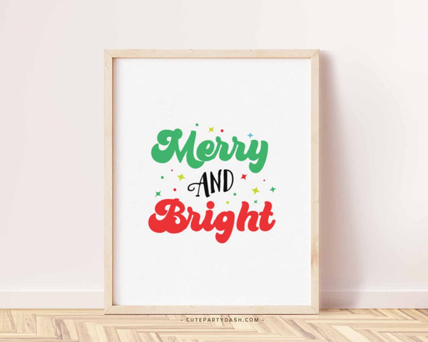 Merry and Bright Sign, Merry & Bright Print, Retro Christmas Poster, Groovy Christmas - Instant Download