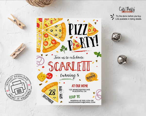 Pizza Party Birthday Party Invitation - Digital Download