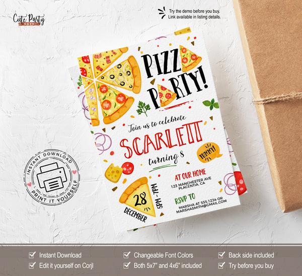 Pizza Party Birthday Party Invitation - Digital Download