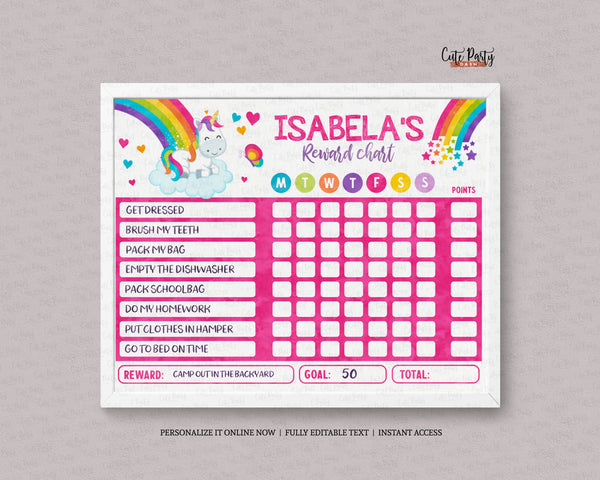 Editable Unicorn Rainbow Reward Chart for kids and toddlers - Digital Download