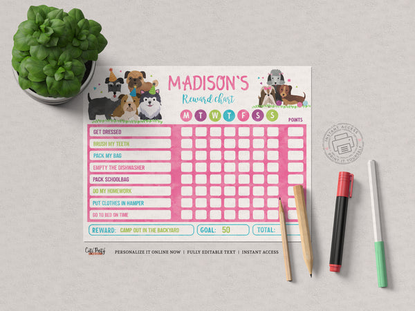 Editable Puppy Reward Chart for kids and toddlers - Digital Download