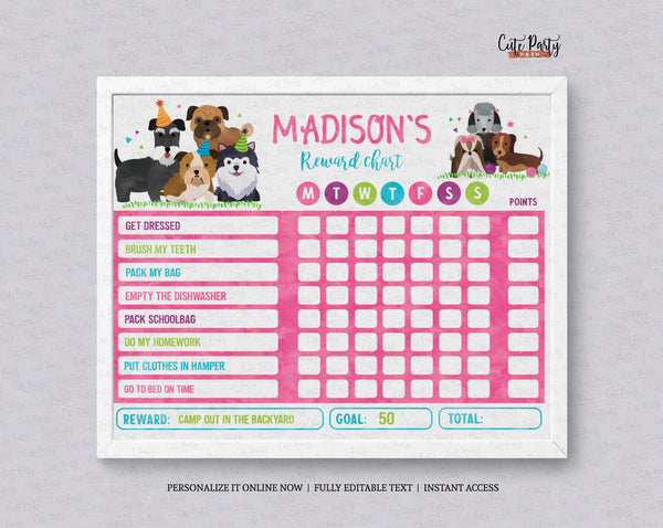 Editable Puppy Reward Chart for kids and toddlers - Digital Download