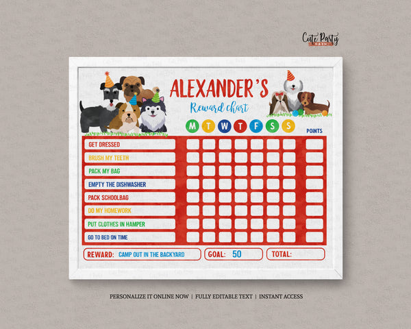 Editable Puppy Reward Chart for kids and toddlers - Digital Download