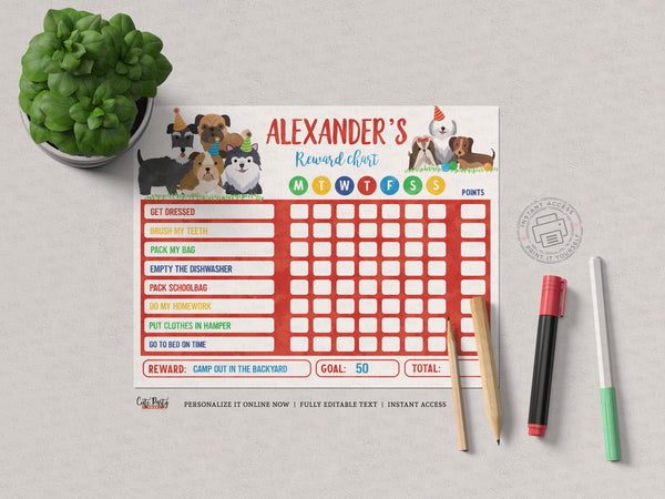 Editable Puppy Reward Chart for kids and toddlers - Digital Download