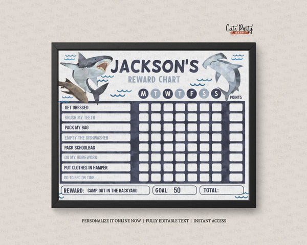 Editable Shark Reward Chart for kids and toddlers - Digital Download