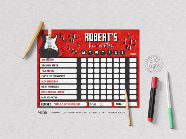 Editable Guitar Reward Chart for kids - Digital Download