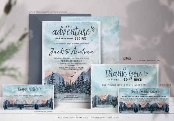 Adventure Begins Baby Shower Invitation set - Digital Download