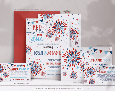 Red White and Due Baby Shower Invitation Bundle Independence Day Baby Shower Theme