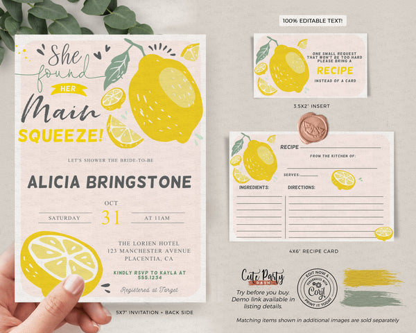 She Found Her Main Squeeze Bridal Shower Recipe Card - Digital Download - Cute Party Dash