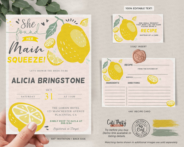 She Found Her Main Squeeze Bridal Shower invitation recipe card bundle - Digital Download - Cute Party Dash