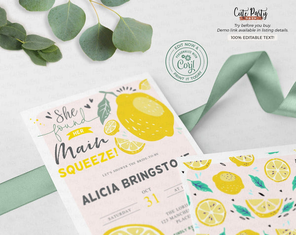 She Found Her Main Squeeze Bridal Shower invitation recipe card bundle - Digital Download - Cute Party Dash