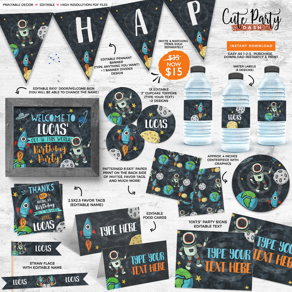 Astronaut Space Birthday invitation Template, EDITABLE Outer space birthday decor bundle