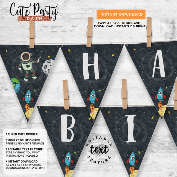 Astronaut Space Birthday invitation Template, EDITABLE Outer space birthday wall banner