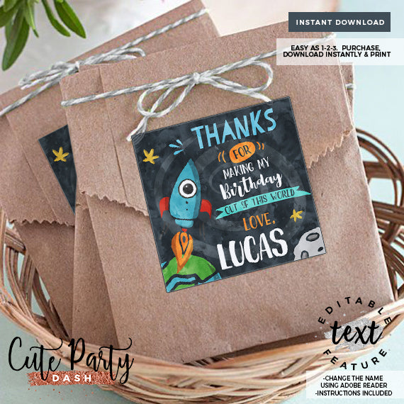 Astronaut Space Birthday invitation Template, EDITABLE Outer space birthday favor tag