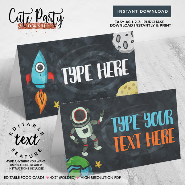 Astronaut Space Birthday invitation Template, EDITABLE Outer space birthday food cards