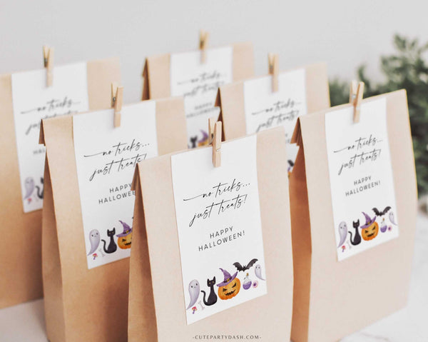 Modern Halloween No tricks just treats Gift Tag, Teacher Staff, Calligraphy gift tag, Minimalist Halloween treat Label