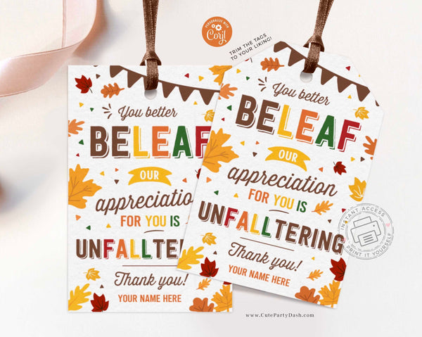 Fall Appreciation Gift Tag, Teacher Appreciation Fall Thanksgiving Thank You Tag - Digital Download