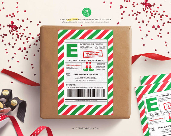 EDITABLE Elf North Pole Shipping Labels, Santa Mail, Christmas Mail Sticker From Santa - Instant Download