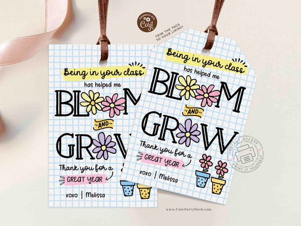 Editable End of Year Bloom and Grow Printable Teacher Appreciation Gift Tag, Last day of school plant flower seeds Gift tag - INSTANT Download