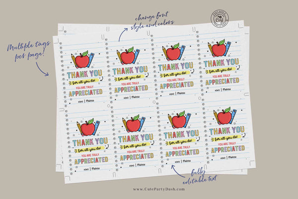 EDITABLE Thank you for all you do we truly appreciate you Tag, Teacher Appreciation Tag, Staff Employee Appreciation School - INSTANT Download