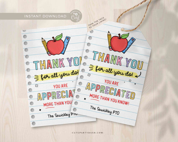 Teacher Appreciation gift Tag thank you for all you do School pto Editable Template Printable School Employee Appreciation INSTANT DOWNLOAD