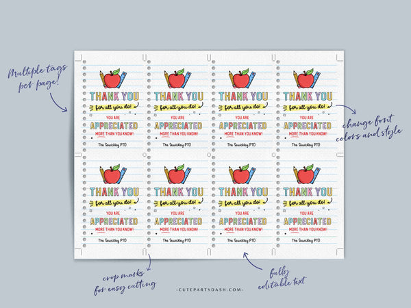 Teacher Appreciation gift Tag thank you for all you do School pto Editable Template Printable School Employee Appreciation INSTANT DOWNLOAD