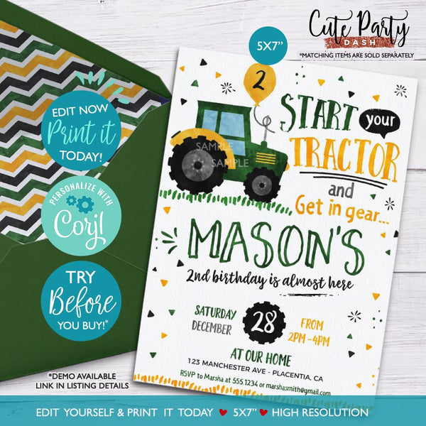Green Tractor Birthday Party Invitation - Digital Download - Cute Party Dash