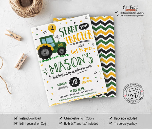 Green Tractor Birthday Party Invitation - Digital Download - Cute Party Dash