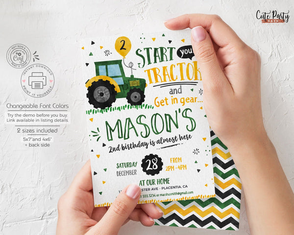 Green Tractor Birthday Party Invitation - Digital Download - Cute Party Dash