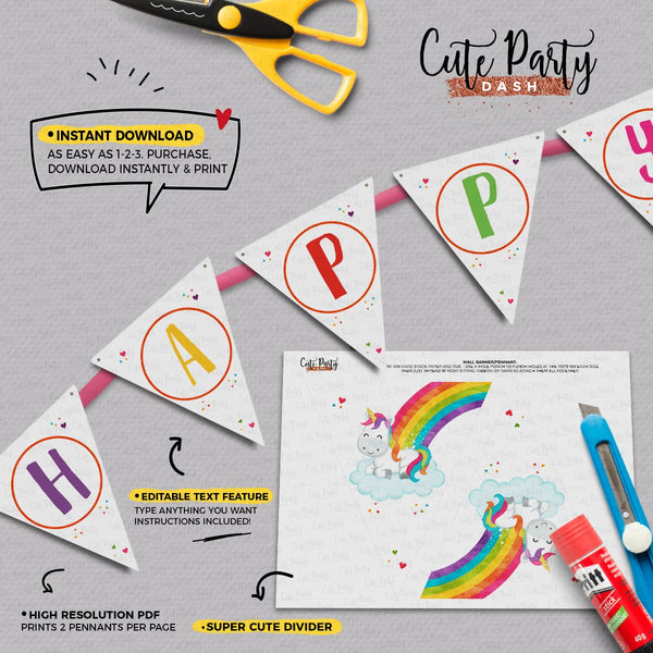 Rainbow Unicorn Birthday Party Invitation - Digital Download - Cute Party Dash