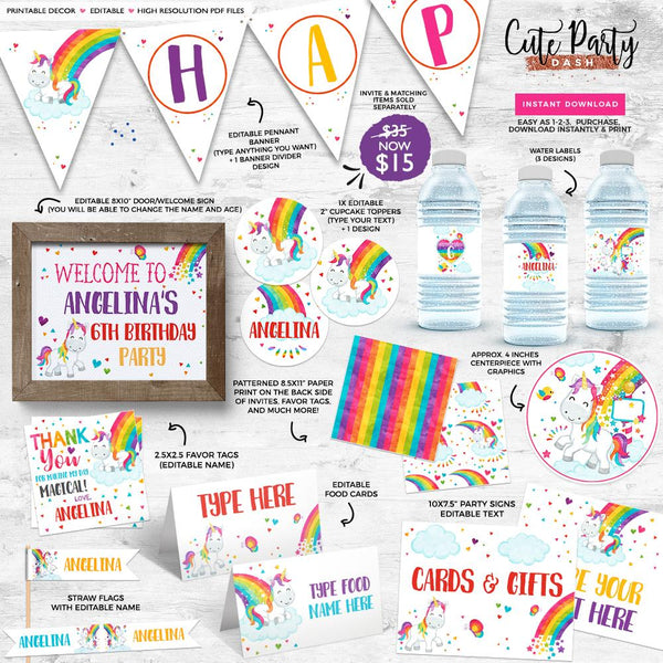 Rainbow Unicorn Birthday Party Invitation - Digital Download - Cute Party Dash