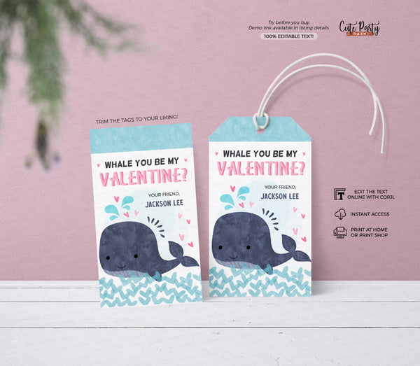 Whale you be my Valentine Valentine's  Day Gift Tag - Digital Download