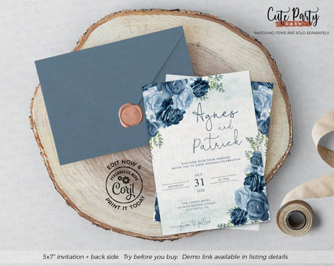 Watercolors Blue Rose Wedding Invitation - Digital Download - Cute Party Dash
