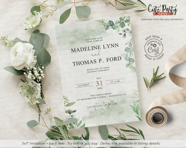 Watercolor Eucalyptus Greenery Wedding Invitation - Digital Download - Cute Party Dash