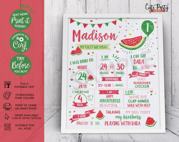 Watermelon First Birthday Chalkboard Sign - Digital Download