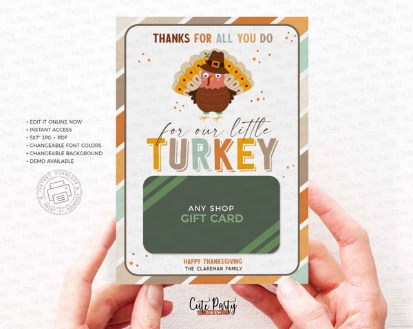 Teacher Thanksgiving Gift Card Holder template, Thank You all you do for our Little Turkey - INSTANT Download