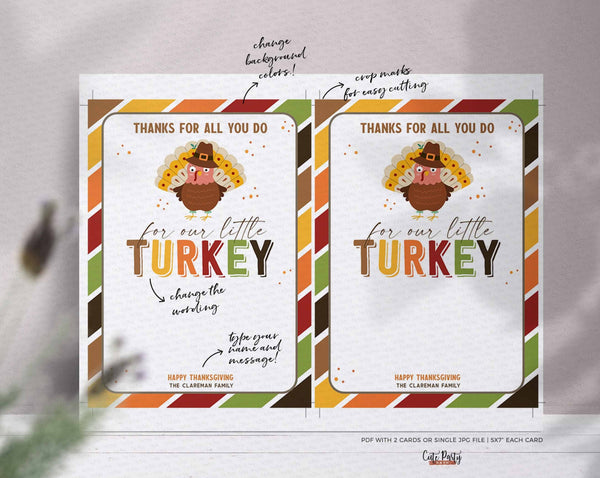 Teacher Thanksgiving Gift Card Holder template, Thank You all you do for our Little Turkey - INSTANT Download