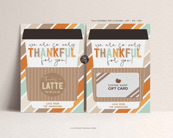 Thanksgiving Thankful for you Coffee Gift Card Holder template - INSTANT Download