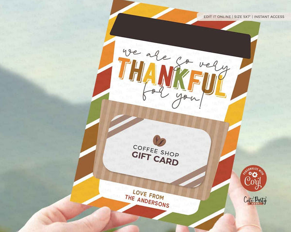 Thanksgiving Thankful for you Coffee Gift Card Holder template - INSTANT Download