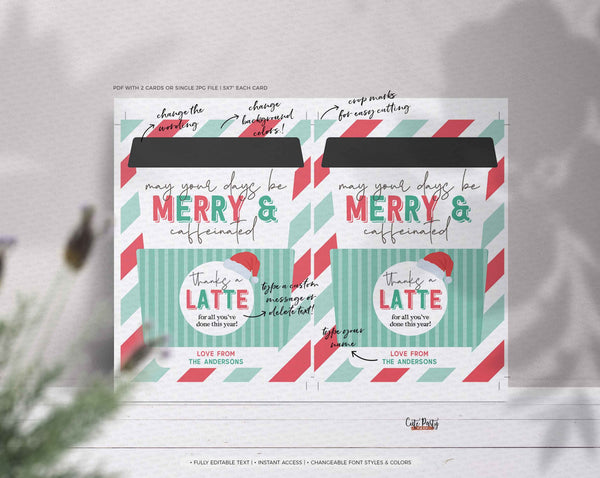 Editable May your days be Merry & Caffeinated Christmas Holiday Coffee Gift Card Holder - INSTANT Download