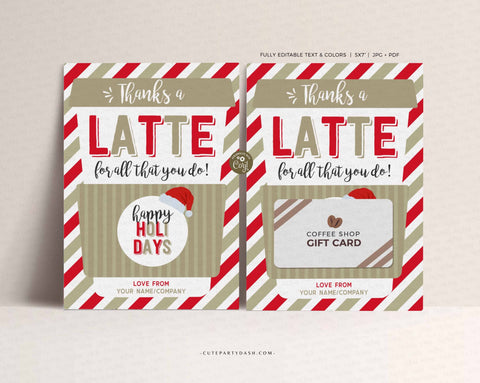 Gold Christmas Thanks a Latte Christmas Coffee Gift Card Holder template - INSTANT Download