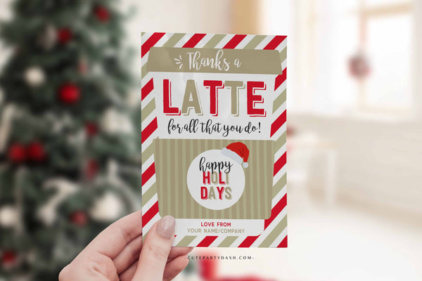 Gold Christmas Thanks a Latte Christmas Coffee Gift Card Holder template - INSTANT Download