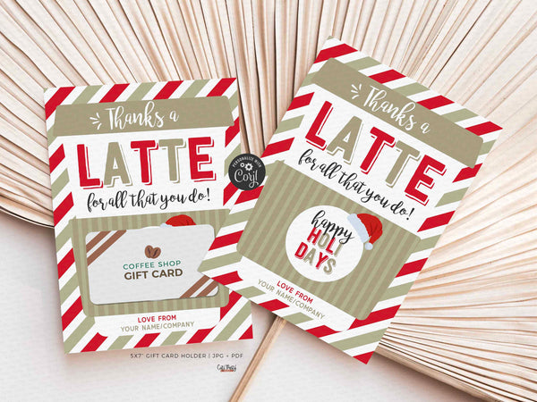 Gold Christmas Thanks a Latte Christmas Coffee Gift Card Holder template - INSTANT Download