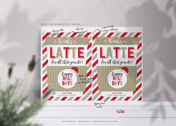 Gold Christmas Thanks a Latte Christmas Coffee Gift Card Holder template - INSTANT Download