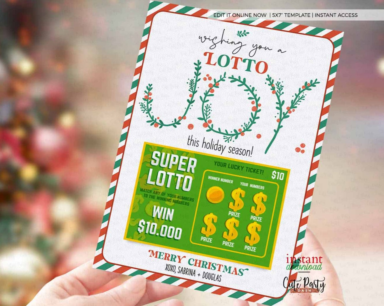 Editable Christmas Lotto Ticket Gift Card template, Printable – Cute Party