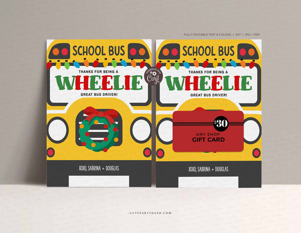 Christmas Bus Driver Thank You Card, Bus Driver Gift Card Holder Appreciation, Wheelie Great Bus Driver Gift Card template - INSTANT Download