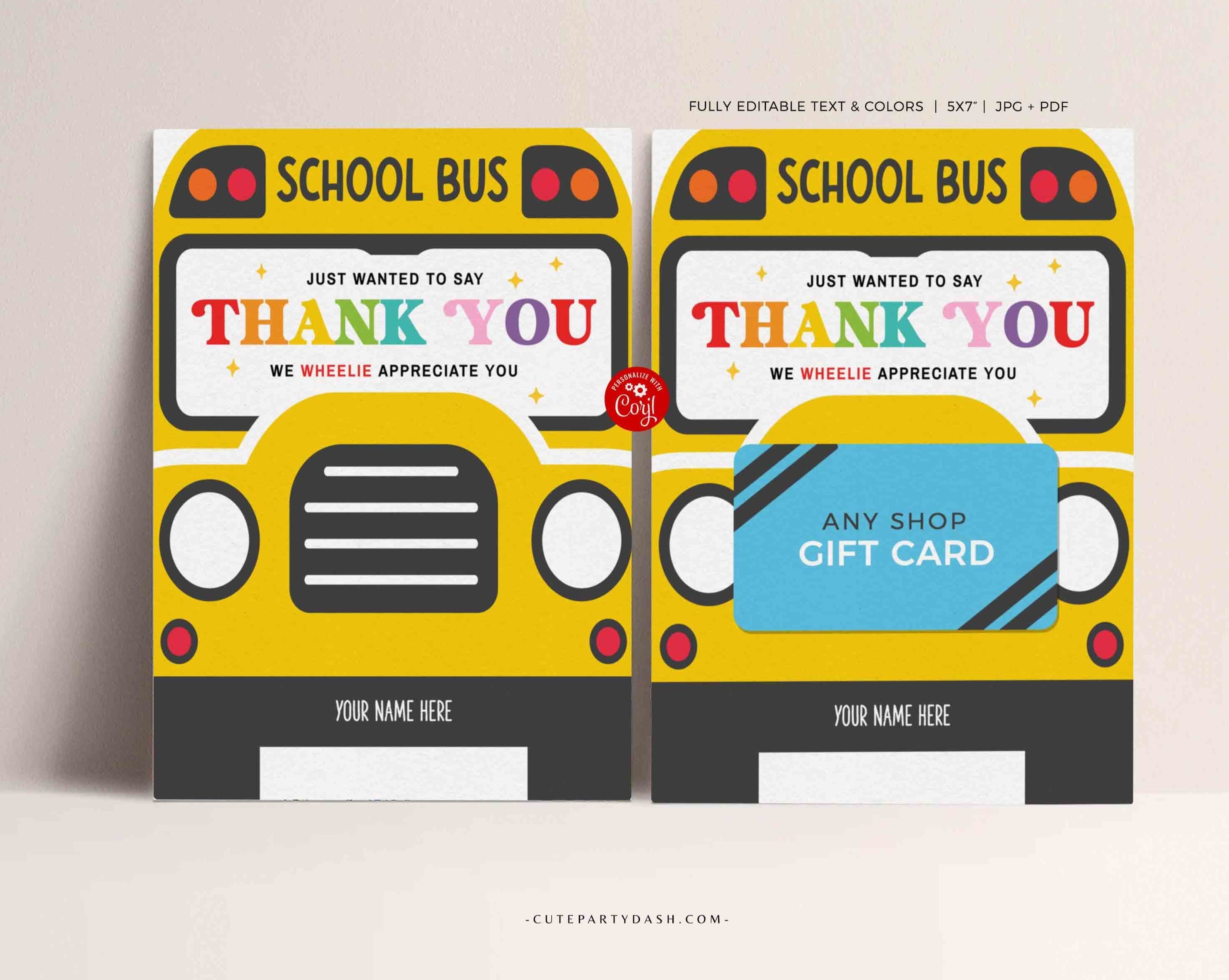 X030 printable school bus driver thank you appreciation gift card