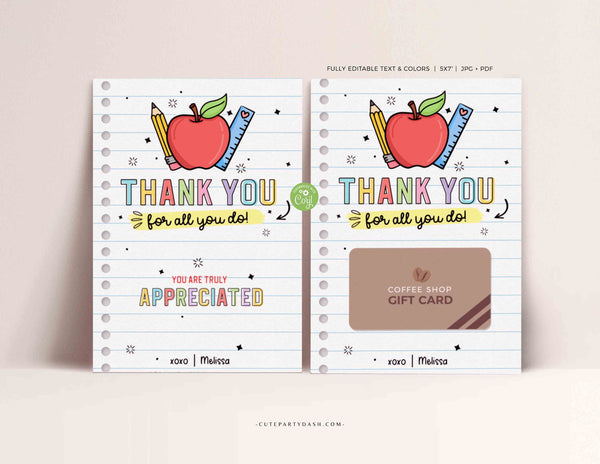 Editable Thank You Gift Card Holder template Printable Teacher Appreciation Week Gift Pta Pto Coffee Shop Gift Card Holder - Digital Download