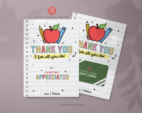 Editable Thank You Gift Card Holder template Printable Teacher Appreciation Week Gift Pta Pto Coffee Shop Gift Card Holder - Digital Download