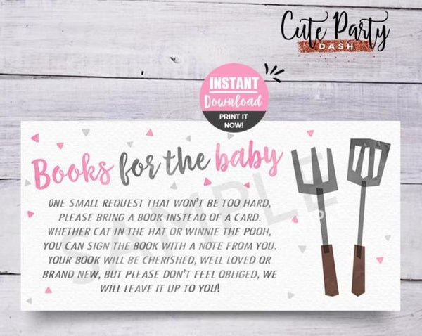 Pink BBQ Baby Shower Books for the Baby Printable Card - Digital Download - Cute Party Dash